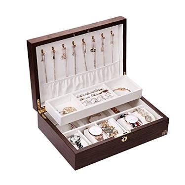 Imagem de Caixa organizadora de joias para mulheres e meninas, estojo grande de armazenamento de joias de 2 camadas, organizador de joias para colar, brincos, anéis, pulseiras, madeira de nogueira