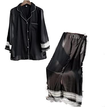 Imagem de HHHJQFAAT Pijama feminino de duas peças com botões e decote em V, calças de dormir, roupa de dormir, casual, roupa de dormir, M, preto