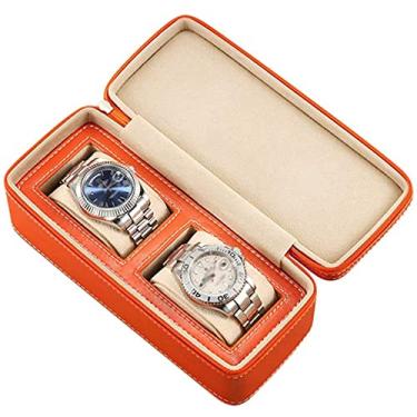 Imagem de Caixa organizadora de relógio com 2 compartimentos, caixa de armazenamento de relógio de couro portátil para homens e mulheres, design de zíper, almofadas macias ajustáveis, enrolador de relógio