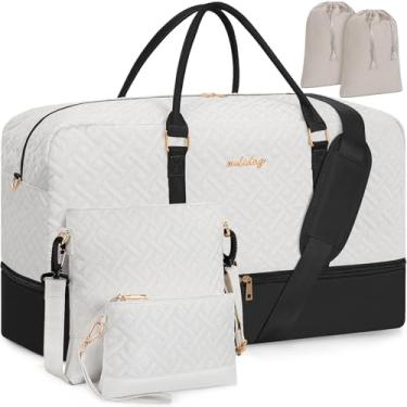 Imagem de WELIDAY Bolsa feminina de fim de semana grande com compartimento para sapatos à prova d'água, bolsa esportiva para viagens/negócios, Bege e preto