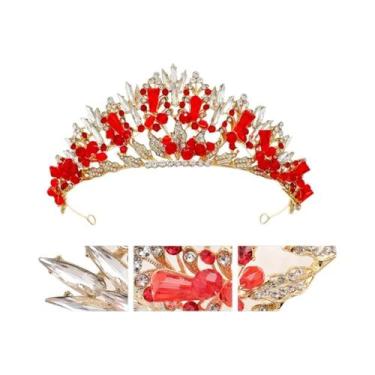Imagem de Tiara De Noiva Com Strass Vermelhos, Coroa De Casamento Luxuosa Feita 
