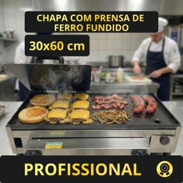 Imagem de Chapa de Lanche 30x60 a Gás com Prensa Hot Dog Inox Ferro Fundido Prof