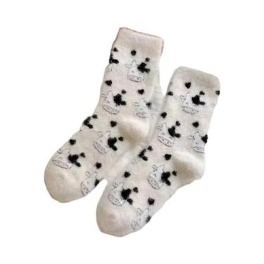Imagem de Meias Femininas Quentes De Pelúcia Com Estampa De Vaca, Cano Médio, 2 