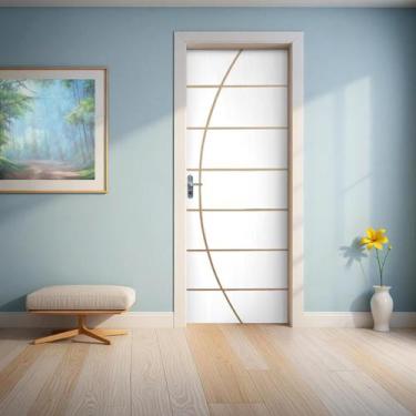 Imagem de Kit Porta de Madeira Decorada 215x85cm com Batente de Aço 06cm Neblina