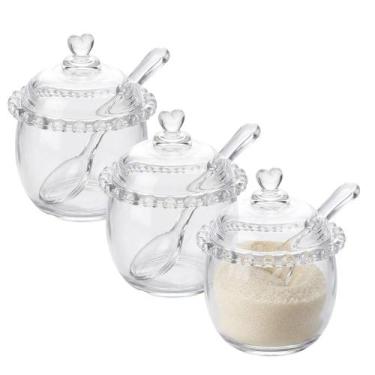 Imagem de Kit 3 Açucareiro de Cristal com Colher Detalhes Coração Lyor 250ml Por