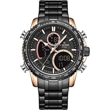 Imagem de Relógio masculino analógico digital de quartzo relógio de luxo aço inoxidável à prova d'água moderno cronógrafo empresarial relógio de pulso multifuncional militar, Ouro rosa + preto