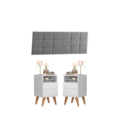 Imagem de Conjunto Mesas De Cabeceira Retrô Pés Palito 2 Gavetas e 1 Nicho com Cabeceira - Pop - Branco