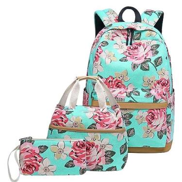 Imagem de Mochila infantil com rodas floral mochila escolar com porta de carregamento USB 3 peças lancheira, Verde, One Size, Mochilas