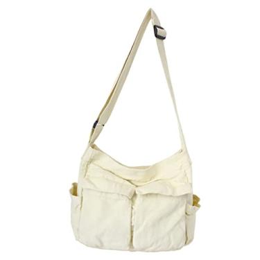 Imagem de Adorainbow Bolsa mensageiro 2 peças de lona feminina feminina bolsa de compras branca, Branco, 34X15X40CM