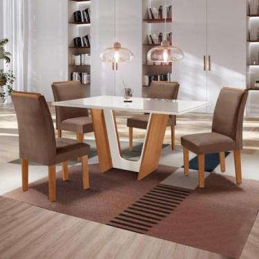 Imagem de Conjunto Sala de Jantar Mesa Tampo Dakota Plus Vidro 120x80cm com 4 Cadeiras Luisa Yescasa Cinamomo/off White/suede Animale