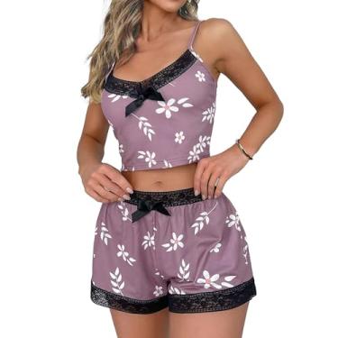 Imagem de Hilinker Conjunto de pijama feminino com alças finas e short com estampa de letras, conjunto de pijama de 2 peças, Roxo floral, M