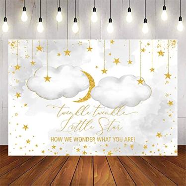 Imagem de Avezano 2,1 x 1,5 m Twinkle Little Star Pano de fundo nuvens brancas gênero neutro chá de bebê estrelas glitter ouro recém-nascido bebê menino ou menina suprimentos de decoração de revelação de gênero