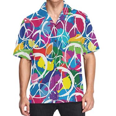 Imagem de visesunny Camisa masculina casual de botão manga curta havaiana estilo abstrato estampa paz Aloha camisa, Multicolorido, G