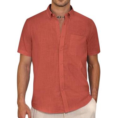 Imagem de Alimens & Gentle Camisa masculina de linho de manga curta casual de algodão com colarinho camisas de praia de verão, Vermelho coral, G