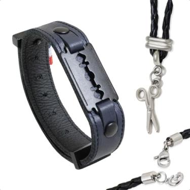 Imagem de GRANADO ACESSÓRIOS, Kit Colar Tesoura Couro Cabeleireiro e Pulseira Lâmina Azul Fecho Strap Plug - AM