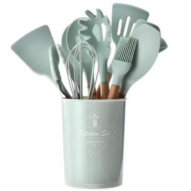 Imagem de Kit Utensílios Cozinha Silicone c/ Suporte 12 Peças Colher Pegador Pin