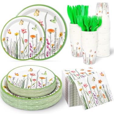 Imagem de AnyDesign Conjunto de 144 peças para decoração de festa floral de primavera, conjunto de utensílios de mesa coloridos descartáveis pratos de papel copos, facas, garfos, guardanapos para 24 convidados,