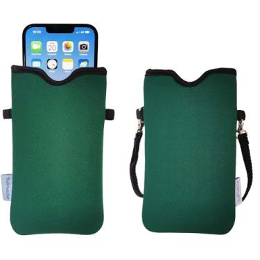 Imagem de Tainada Bolsa de neoprene masculina e feminina com alça transversal/cordão de pescoço para iPhone 16/15 Pro Max, 16/15 Plus, 16e; Samsung S25+, S24, A56; design original/feito em Taiwan (verde escuro)