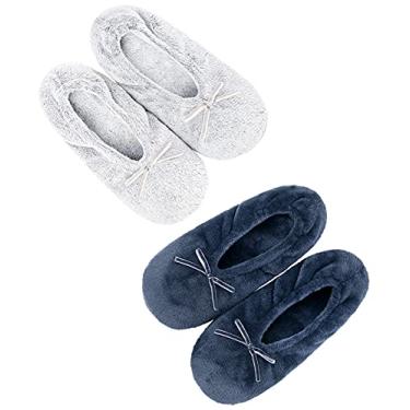 Imagem de Panda Bros 2 pares de chinelos femininos de bailarina, antiderrapante, confortável, quente, estilo balé, Cinza e azul marinho, 10-13