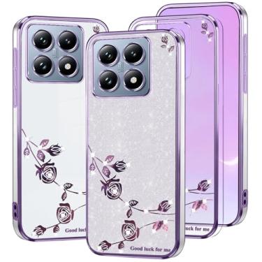 Imagem de Kainevy Capa para Xiaomi 14T Pro, transparente, fofo, brilhante, rosa, floral, para mulheres e meninas, capa para celular Xiaomi 14T Pro, fina, à prova de choque, proteção diamante brilhante