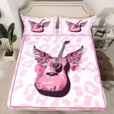 Imagem de Jogo de lençol com elástico com tema de música rock, pele de vaca rosa, ultramacio, presente de violão, com 2 fronhas, tamanho Queen