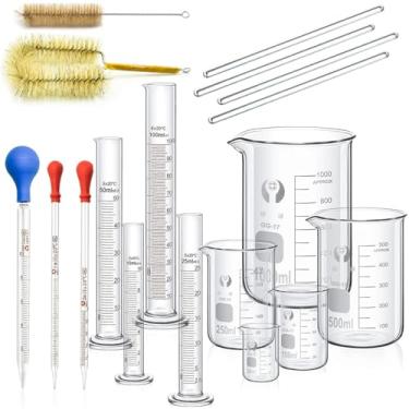 Imagem de ZEEROQOLAB Conjunto de vidro de laboratório, conjunto de pipetas de cilindro de vidro, 5 peças de copo graduado de vidro grosso, 4 cilindros de medição de vidro com 4 hastes de agitação de vidro e 2