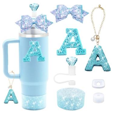 Imagem de Liangang Conjunto de acessórios de copo Stanley azul de 7 peças para copo Stanley 850 g 1,134 g, incluindo pingente de letra, tampa à prova de derramamento, canudo de diamante, canudo de laço, bota de