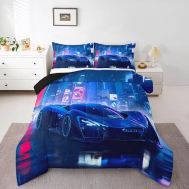 Imagem de Feelyou Conjunto de cama com estampa de carro de corrida urbana, azul, para adultos, meninos, adolescentes, velozes e furiosos, conjunto de colcha luxuosa, 2 peças