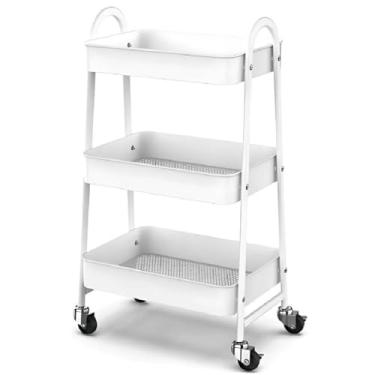 Imagem de Carrinho Organizador com 3 Prateleiras, Metal Branco, com Rodízios, para Cozinha e Banheiro