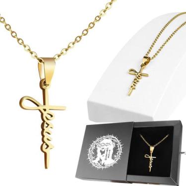 Imagem de caixa + pingente crucifixo + cordão banhado ouro fino fé jesus present