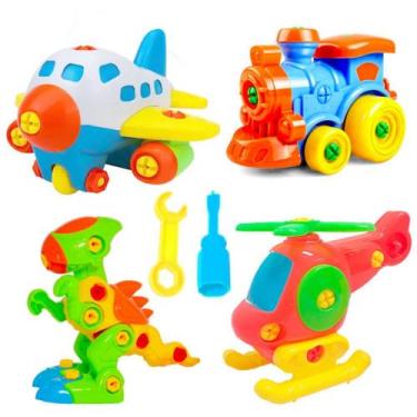 Imagem de Kit 4 Brinquedos Didáticos de Montar Dinossauro Helicóptero Trem e Avi