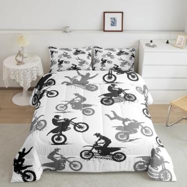 Imagem de jejeloiu Conjunto de cama solteiro Dirt Bike para crianças, meninos, meninas, preto e branco, conjunto de edredom para esportes radicais, 2 peças