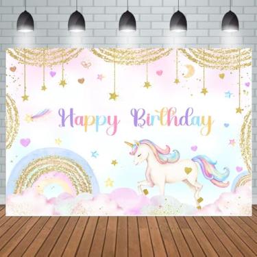 Imagem de MAYSSKQ Unicórnio Pano de fundo de aniversário pastel arco-íris brilhante e fundo de festa dourado 1º aniversário menina ouro estrelas bolo decoração suprimentos (2,1 x 1,5 m)