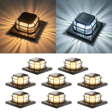 Imagem de TopVelo Poste de luz solar 8 pacotes com base de 10 x 12 cm, 12 x 15 cm e 15 x 15 cm para postes de vinil/madeira, luminosas 16 LEDs com dois modos de luz para decoração de deck, pátio, varanda, cerca