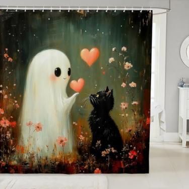 Imagem de Manfei Cortinas de chuveiro fofas à prova d'água, fantasma de Halloween, gato preto, kawaii, corações, romântico, floral, pintura a óleo, cortinas de banho para banheira, 182 cm L x 182 cm C