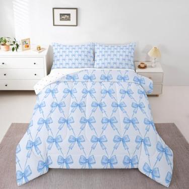 Imagem de Feelyou Conjunto de edredom fofo com laço azul, tamanho casal, para crianças, meninos, meninas, kawaii, respirável, macio, leve, microfibra, decoração de quarto de princesa