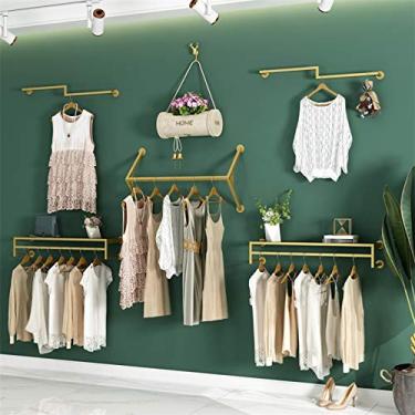Imagem de CUTPOIY Rack de roupas montado na parede, conjunto de rack de roupas de ferro, barra de pendurar para roupas de cachimbo industrial, prateleiras de roupas douradas, rack de exibição de loja de roupas