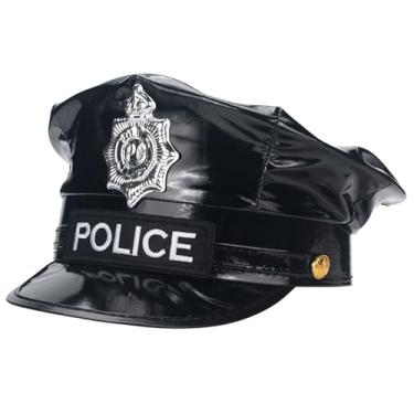 Imagem de ERDOGLY Chapéu de polícia, chapéu de fantasia de polícia adulto, boné de policial para homens, mulheres, acessórios de capitão de oficial para Halloween, festa engraçada, preto, Preto, tamanho �nico