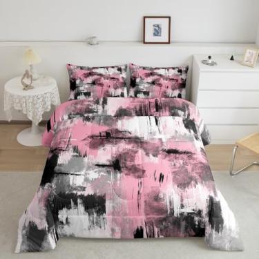 Imagem de jejeloiu Conjunto de cama casal rosa e cinza, geométrico, abstrato, geométrico, para meninos, meninas, adolescentes, edredom respirável, macio, leve, de microfibra, geometria, decoração de quarto