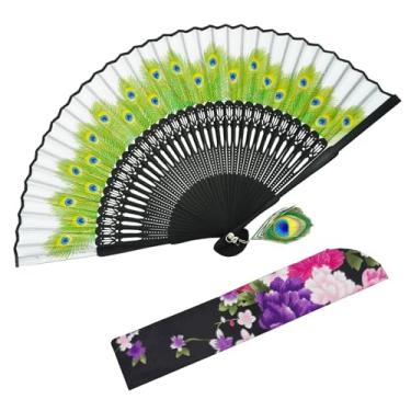 Imagem de EOSAU Leque dobrável de pavão, leques de mão de seda de bambu para mulheres, dobrável, estilo chinês/japonês para dançar, festa de casamento, presente de igreja (cinza)
