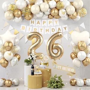 Imagem de Decorações de aniversário de 26 anos, decorações de festa de aniversário de ouro branco para mulheres e homens, balões de creme boho bege suprimentos de festa com faixa, faixa brilhante, topo de bolo