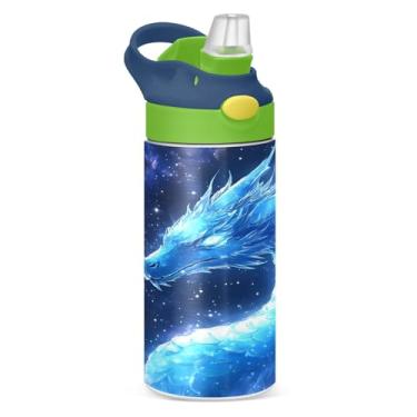 Imagem de Garrafa de água infantil Dragon Blue Galaxy com tampa de palha, copo isolado com alça de aço inoxidável reutilizável, copo infantil para crianças, meninos, 340 g