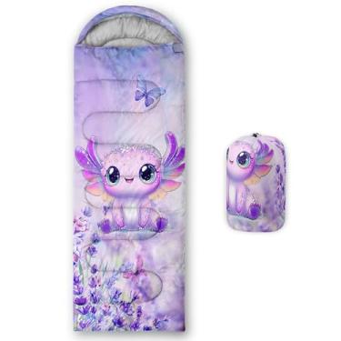 Imagem de AILONEN Saco de dormir Axolotl de desenho animado para meninas, crianças e adultos, clima quente e frio, leve, mochila à prova d'água, lindo saco de dormir axolote de borboleta lavanda para