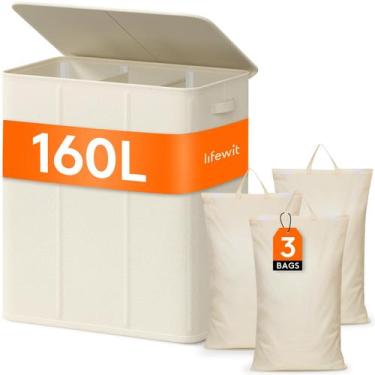 Imagem de Cesto de roupa suja Lifewit Triple com tampa e 3 sacos 160L branco