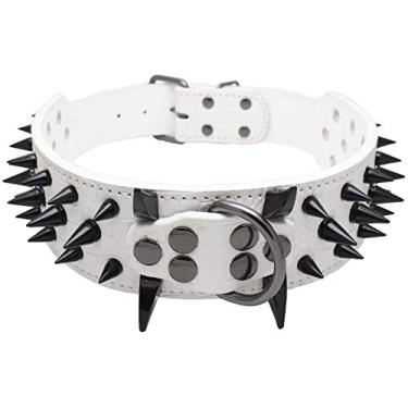 Imagem de Izefia Coleira para cães preta afiada cravejada luxuosa coleira de couro acolchoada para cães médios e grandes - 5 cm de largura colar antimordida (P, branca)