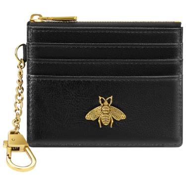 Imagem de SEAVILIA Porta-cartões, porta-chaves, carteira feminina com janela para identidade, porta-moedas, presente de abelha, fina, minimalista, carteira pequena, Preto, Minimalista