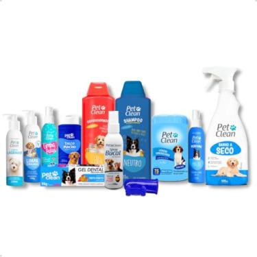 Imagem de Kit Higiene Pet Clean para Cães e Gatos, Shampoo Neutro, Condicionador, Perfume, Spray Bucal, Gel Dental + Dedeira, Lenços Umedecidos, Banho a Seco 500ml, Talco Macho, Limpa Patas, Lágrimas e Orelhas.