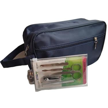 Imagem de Necessaire Masculina ou Feminina, Unissex Azul com Kit Beleza Unhas Acessórios em Inox, Bolsa de Viagem, Organizadora de Higiene, Estojo Grande Maquiagem NA3