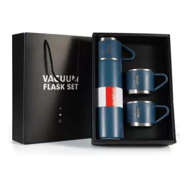 Imagem de Garrafa Térmica com 3 Xícaras Inox 500ml | Isolamento a Vácuo | Ideal para Café, Chá, Bebidas Quentes ou Frias (Azul, Preta, Rosa, Creme/Inox, Cinza) (Azul)