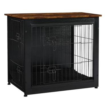 Imagem de Dwanton Móveis Para Caixa De Transporte Cachorro Com Almofada, Mesa Canil Madeira Portas Duplas, Casa Interna, Tamanho Pequeno/Médio/Grande, 69 Cm, Preto + Marrom Rústico